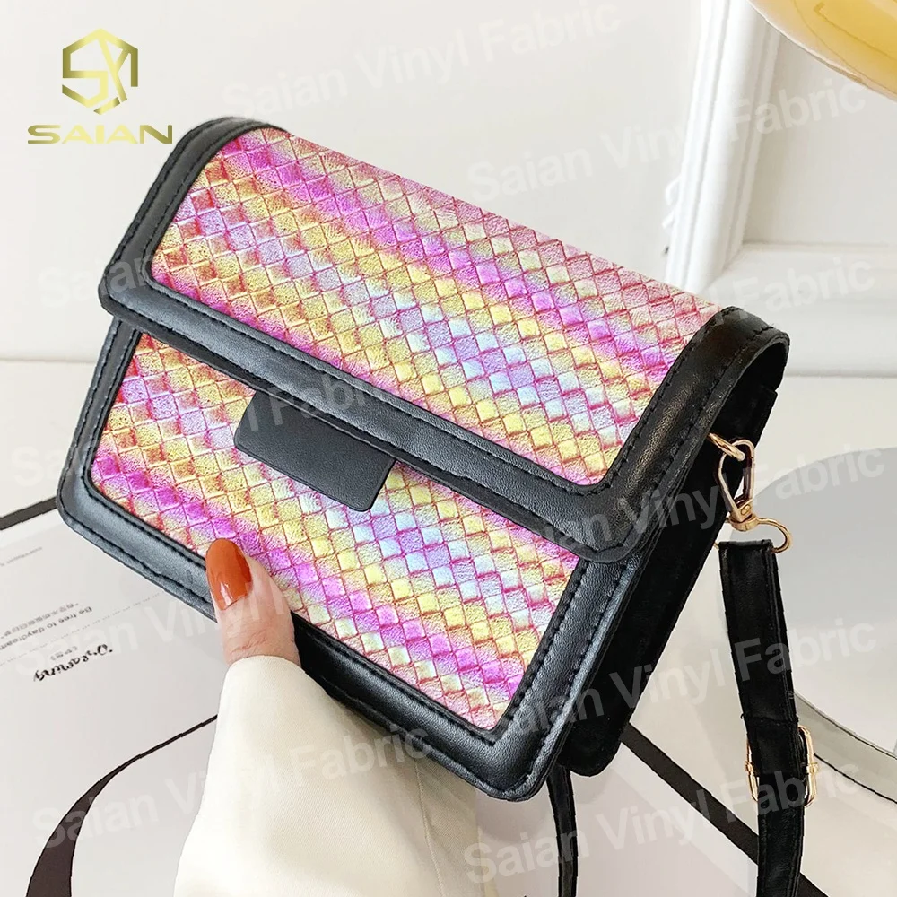 0.8MM Holographic Laser Rainbow Basket Woven Pattern PVC Artificial Synthetic Leather Rolls Fabric For Luggage Handbag Furniture