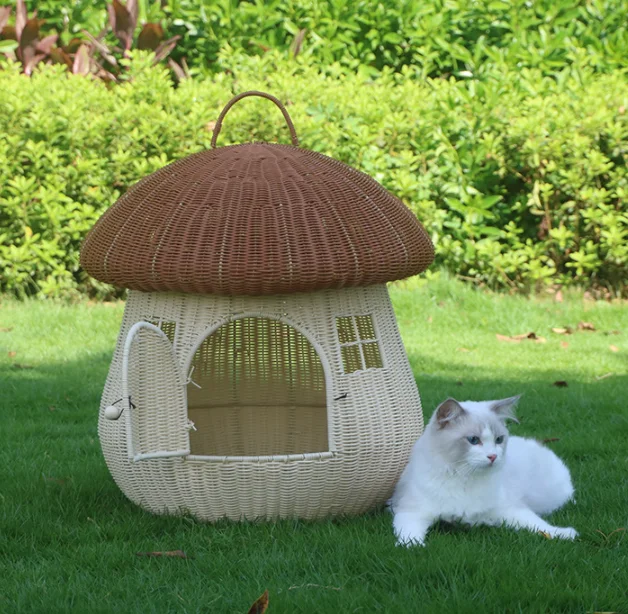 Pet Carrier Pet Bed Rattan Woven Bed Mushroom House Cat Nest Outdoor Home