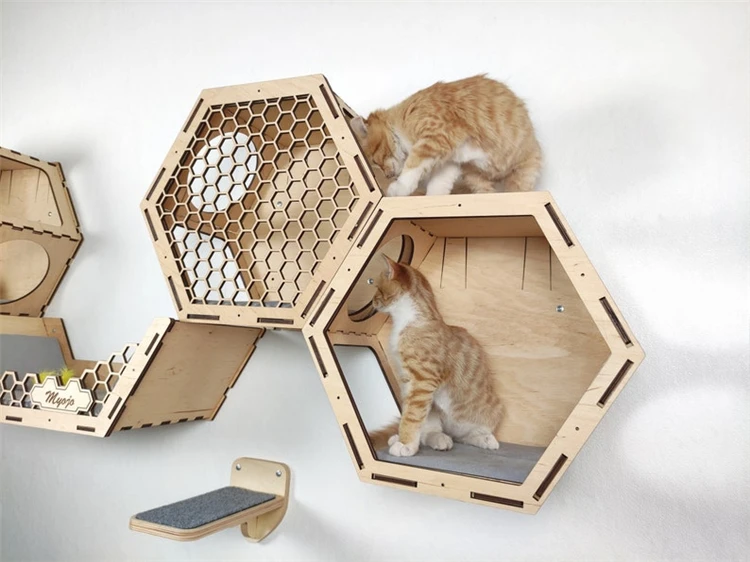 Hot Sale Durable Practical Solid Wood Hexagon Shelves Cat Tree Modern Cat Wall Furniture Cat Climbing Wall
