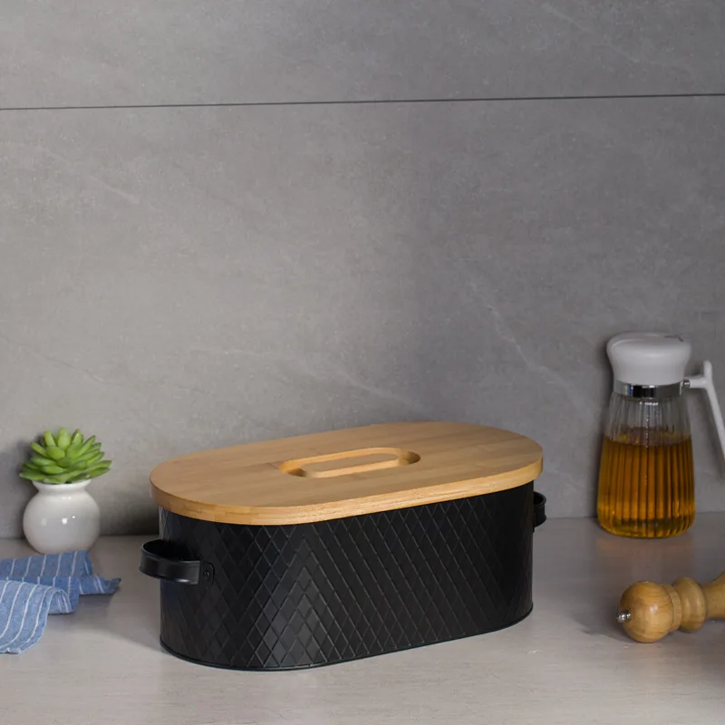 In Stock Wholesale Elliptical Metal Food Container Storage Box Custom Kitchen Bread Box with Bamboo lid