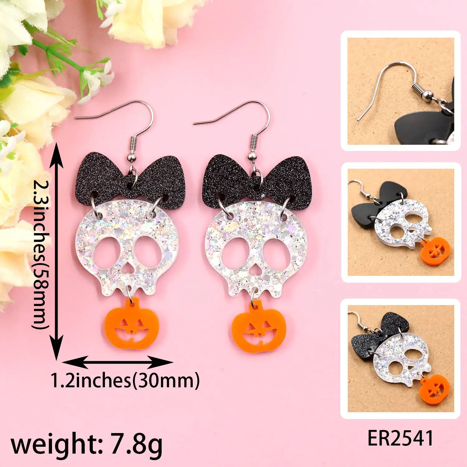 YYXER2541 New Bow Skull Pumpkin Acrylic Dangle Earrings Gold Plated Laser Cut Halloween Pearl Diamond Trendy Women Weddings