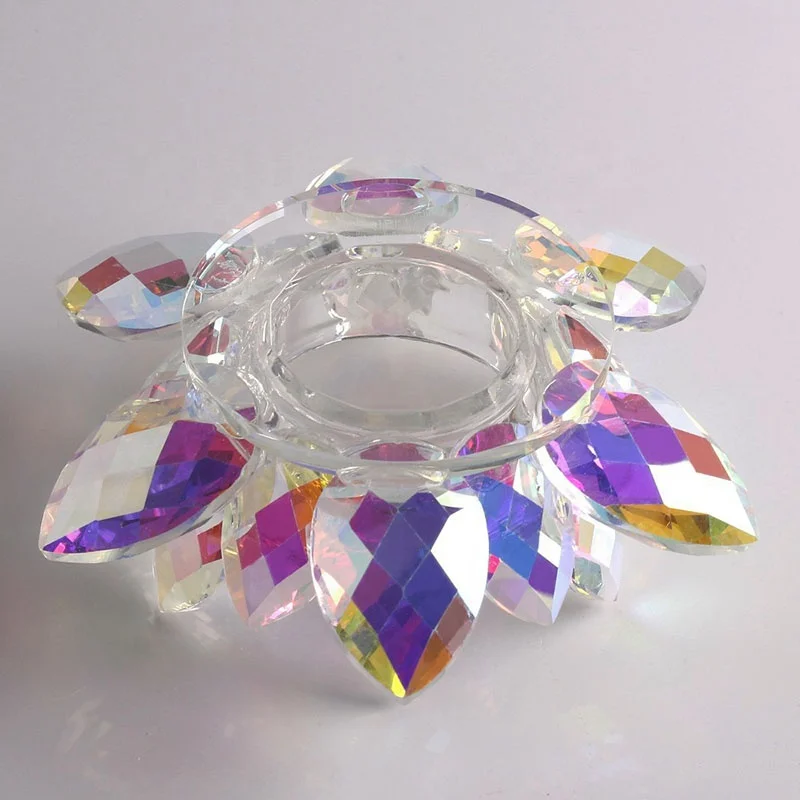 Wholesale Rainbow Colorful Crystal Glass Lotus Flower Shaped Candle Holders For Wedding Decorations