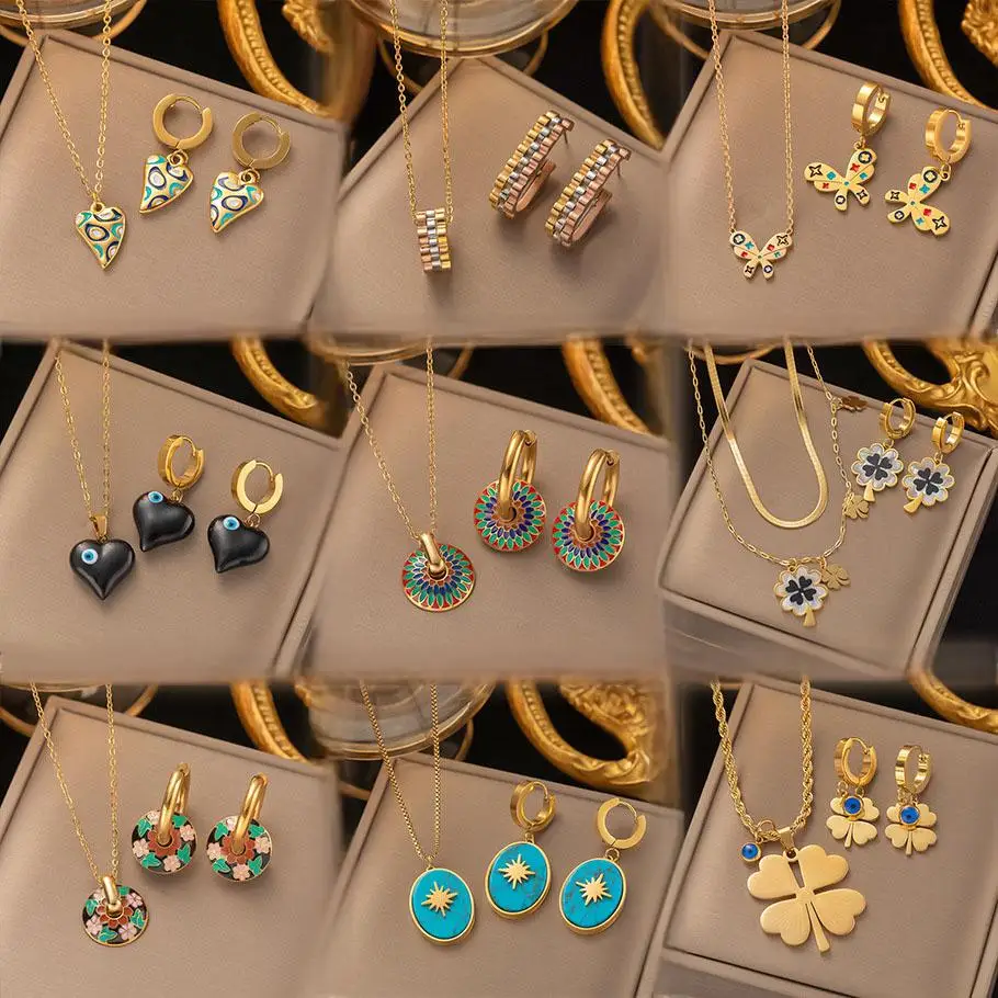 New High-End Stainless Steel Necklace Earring Jewelry Set Oil Colored Plant Jewelry Set Wholesale for Women