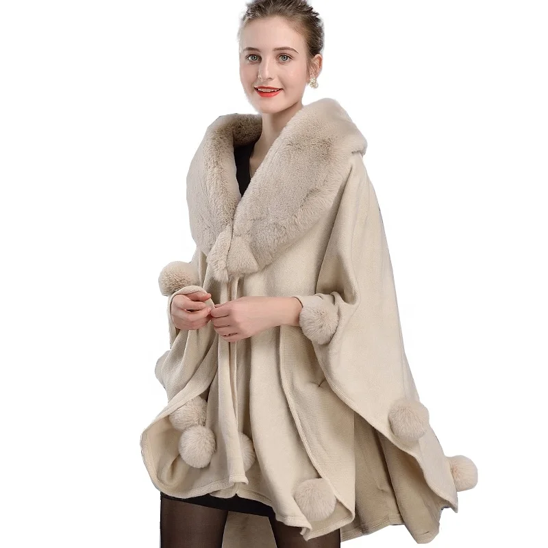 
Women Rabbit Fur Big Fur Collar Winter Cape Knitted Mexican Poncho Cashmere With Fur Ball Loose Thick Cardigan Cloak Sweater 