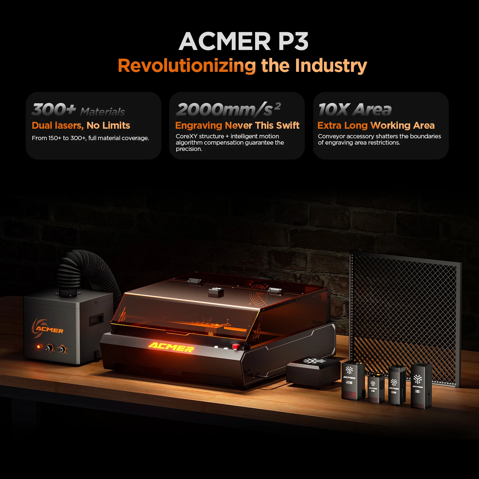 48000mm/min acmer p3 48w Class 1 certified safety laser engraving machine 48W powerful laser cutting capacity