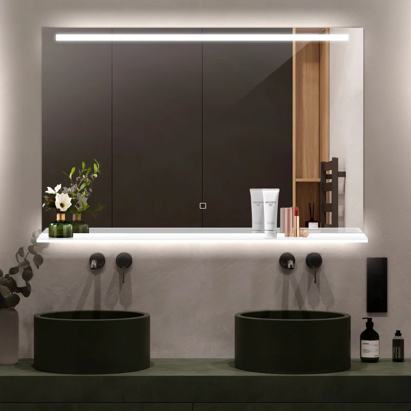Hotel Luxury Rectangle White Anti-Fog LED Backlit Mirror,Smart Illuminated Bath Mirror With Storage Shelf