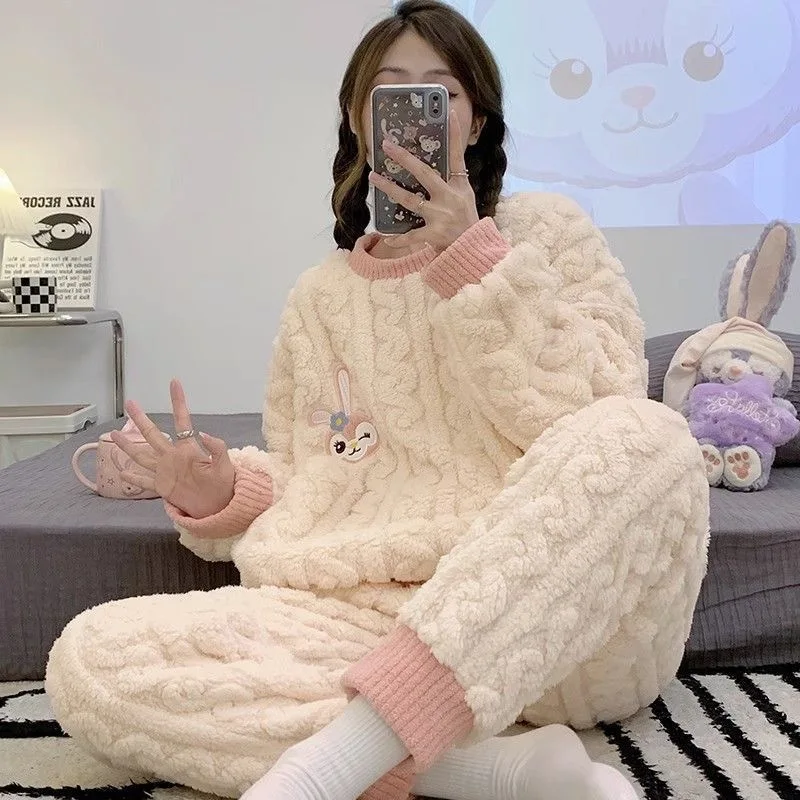 New Coral-wool Pajamas For Ladies Winter Round Collar Suit With Velvet And Thick Winter Thermal Pajamas Cartoon Home Wear