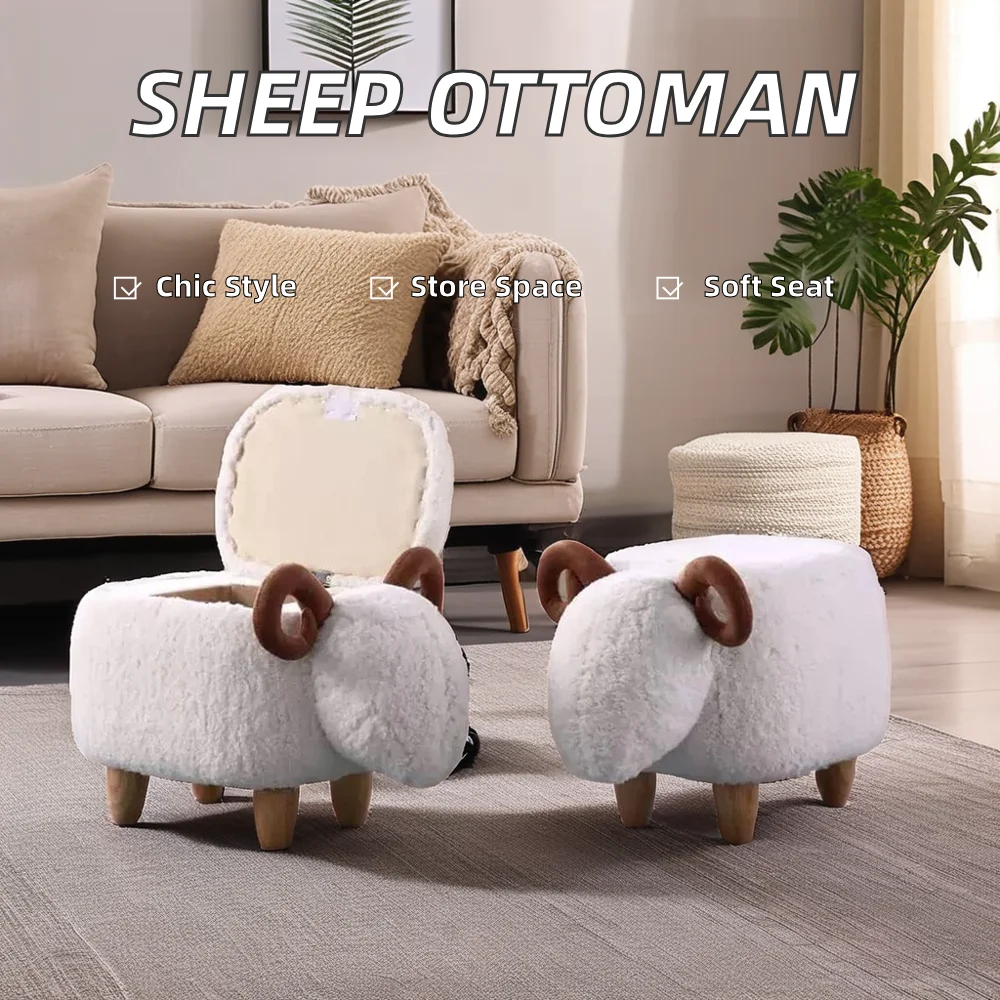 Animal-Shaped Soft Cushion Ottoman Bench Wooden Entry Footstool Step Stool for Living Room or Dormitory