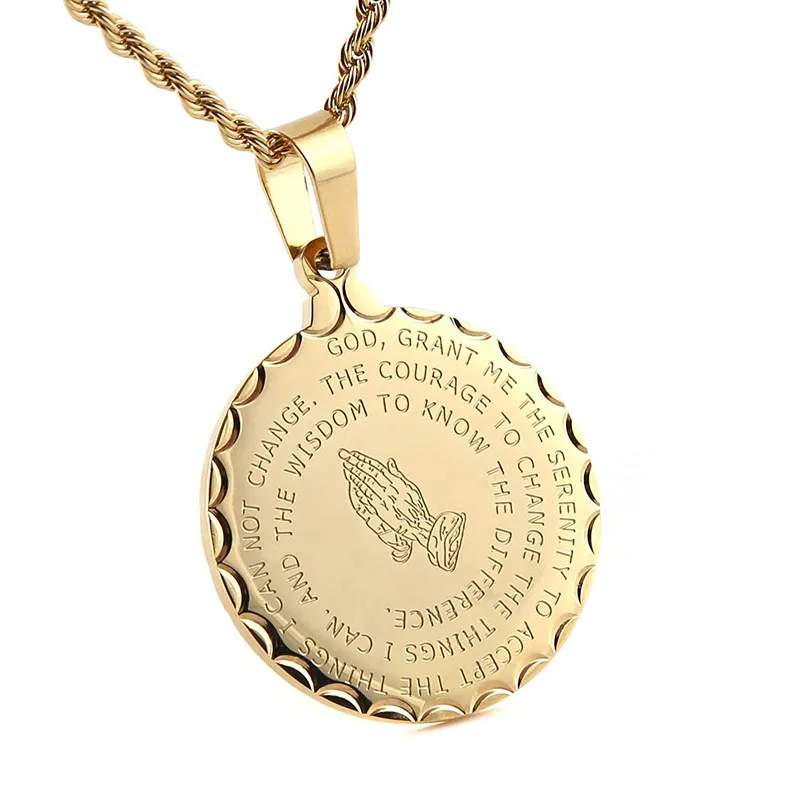 Yiwu Meise Bible Verse Prayer Necklace Christian Jewelry Gold  Praying Hands Coin Medal stainless steel pendant