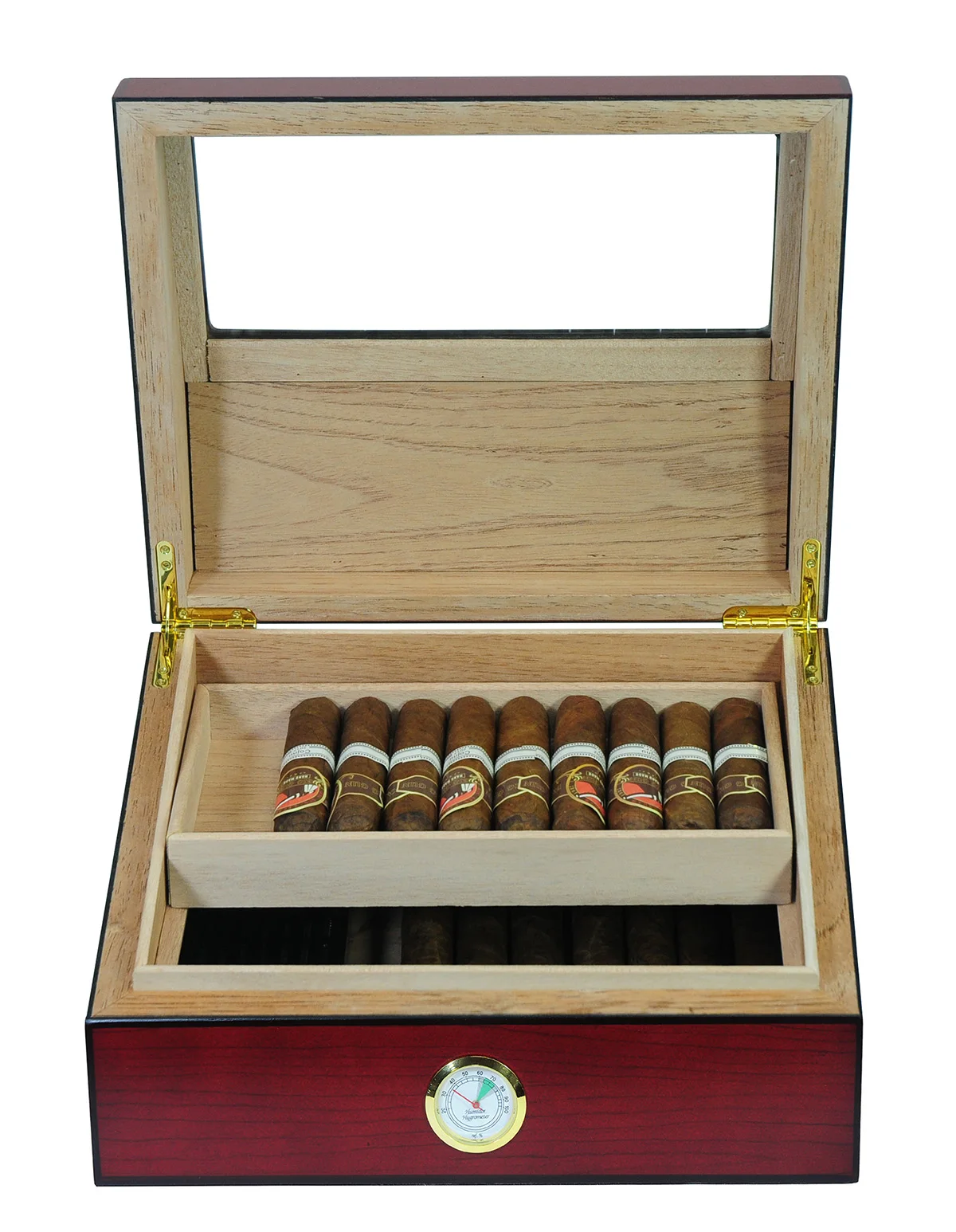 Sonny High End Luxury Matte Cherry 2 Layers Wooden Cigar Humidor Box With Glass Window