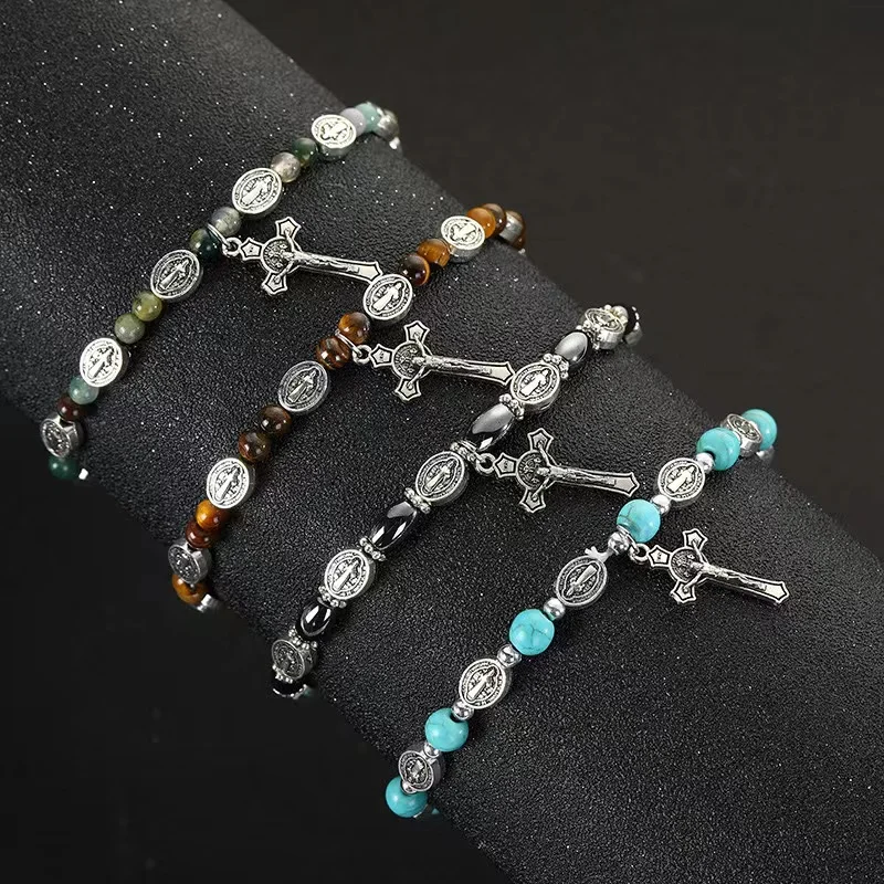 support custom Natural Stone Agate Icon Cross Rosary Bracelet Catholic Religious Jesus cross Crucifix Bracelet