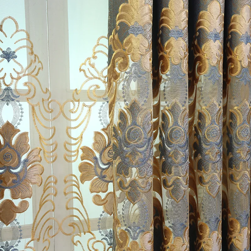 Wholesale European Style Drapes Luxury Cloth Curtains with Flower Embroidery for Living Room Bedroom Villa