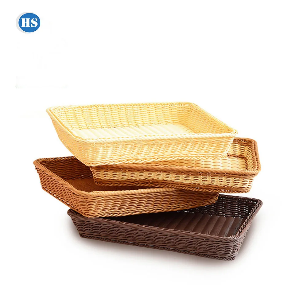 Large Size Wicker Bread Basket Supermarket Storage Display Plastic Rattan Tray