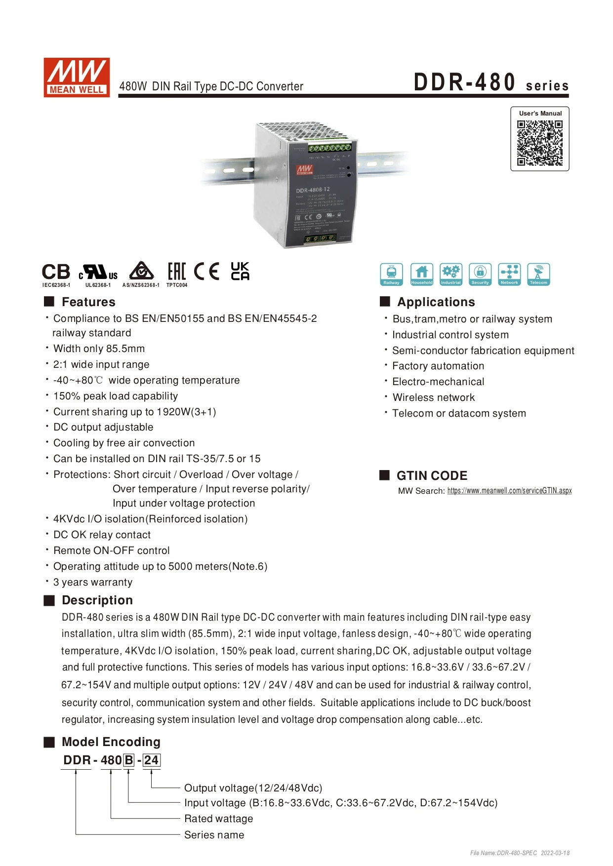 DDR-480D-24 Meanwell 24V Power Supply 480W Dc Dc Power Supply Suitable For Industrial Grade