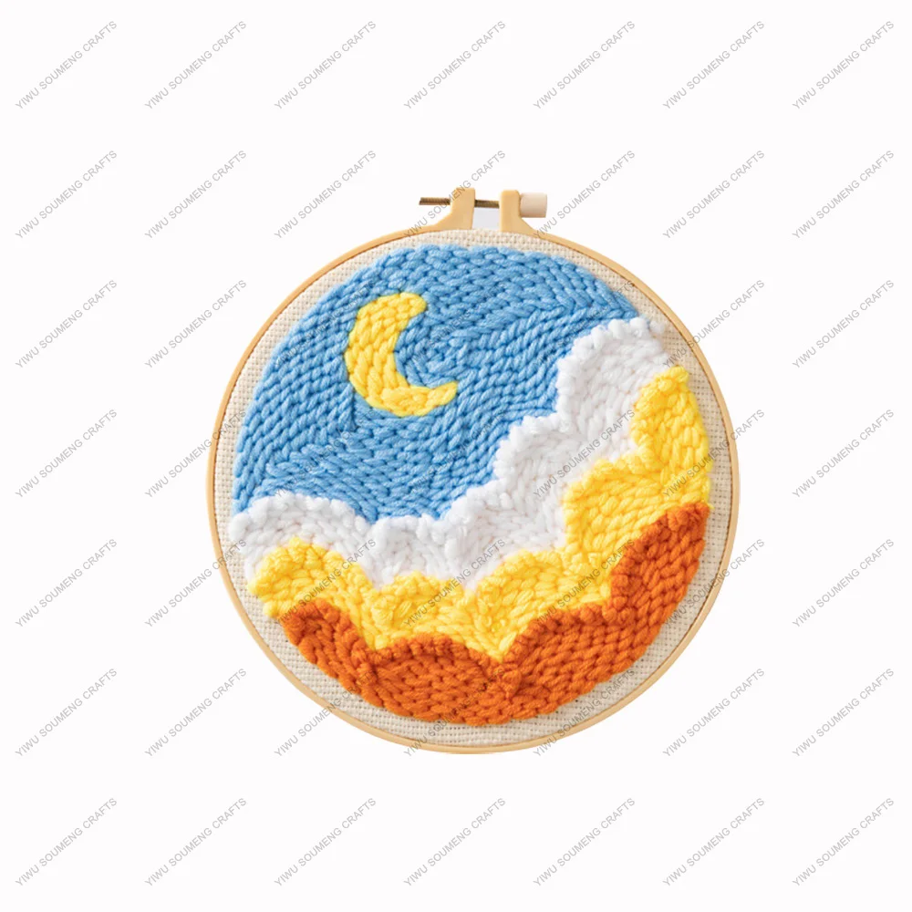 Handmade DIY Poke Embroidery Seascape Moon Cross Stitch Poke Embroidery Hoop Punch Needle Embroidery Kit For Beginners