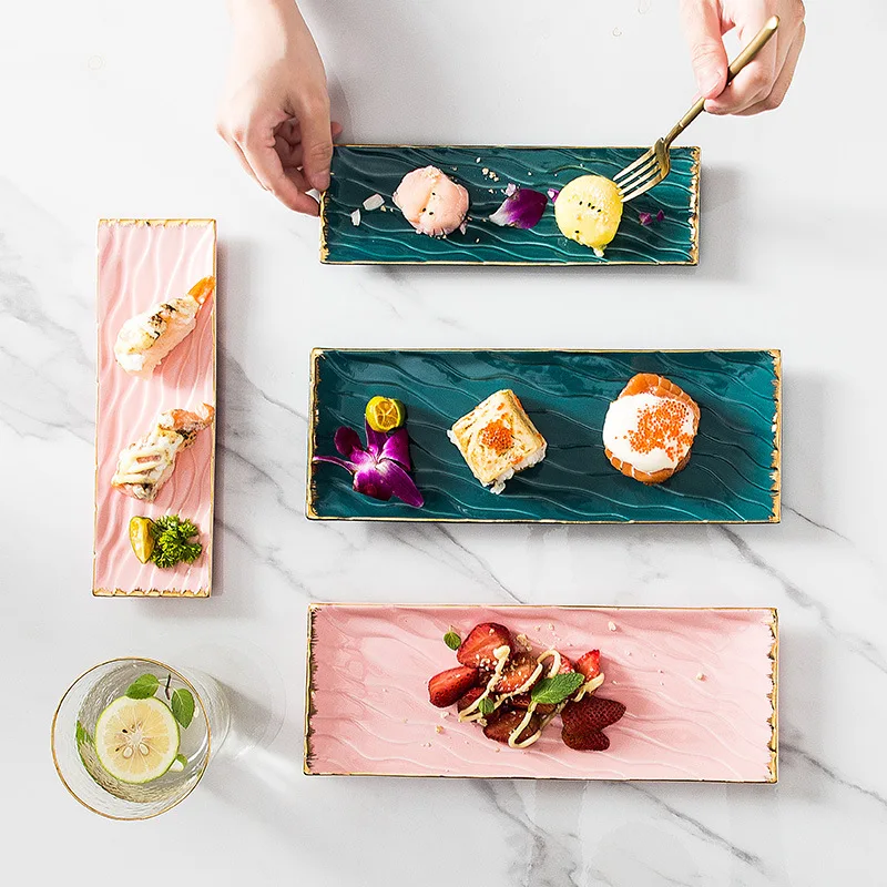 Nordic rectangular pink green fruit plate Flat ceramic Japanese sushi dessert deluxe dinner garnish plate