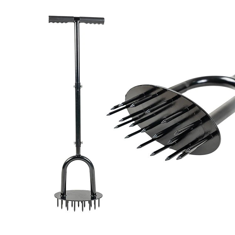 JH-Mech Manual Yard Care Tool Loosening Soil 19 Spikes T Handle Black Aerating Carbon Steel Lawn Core Aerator for Compacted