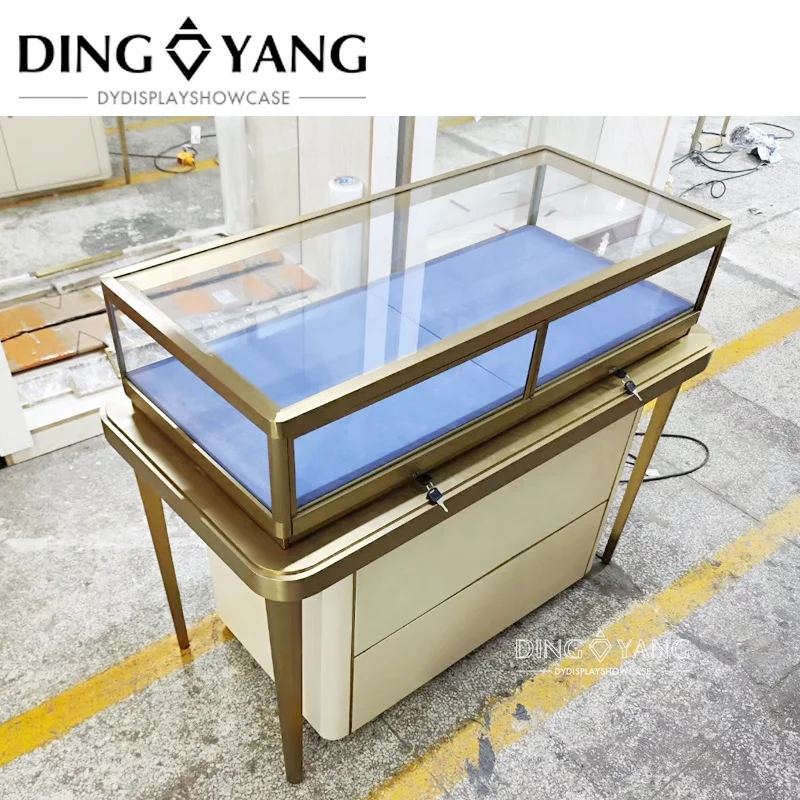 Customized Nice Design Fashion Rectangle 48 X 22 X 38 INCHES Brush Golden Jewelry Glass Showcase With Bright Led Lights