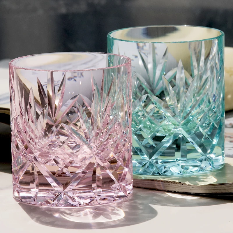 220ml K9 Wathet Crystal Glass Whiskey Tumbler With Hand Cutting Japanese Bamboo Leaves Design Old Fashioned Glass Green