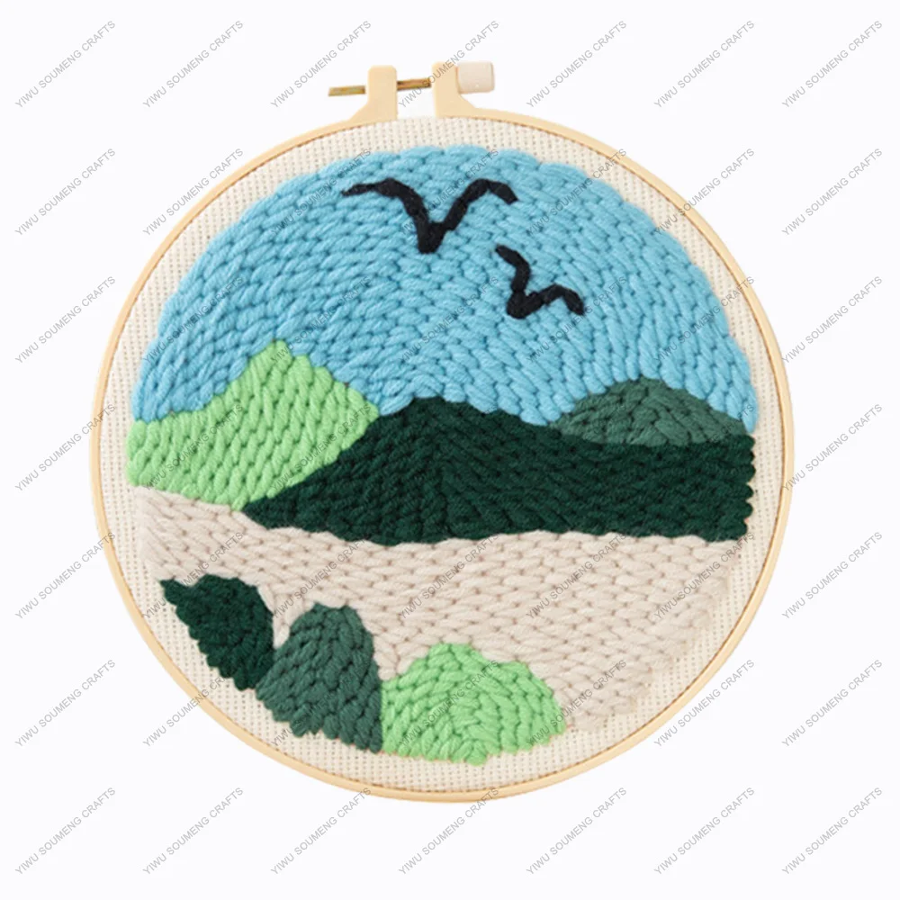 DIY Handmade Poke Embroidery Flying Birds Landscape Cross Stitch Poke Embroidery Hoop Punch Needle Embroidery Kit For Beginner