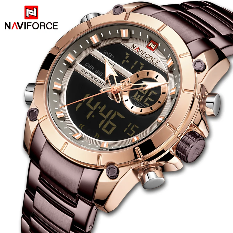  NAVIFORCE NF9163 роскошные большие золотые часы мужские очаровательные из нержавеющей стали ремешки двойной дисплей кварцевые цифровые для