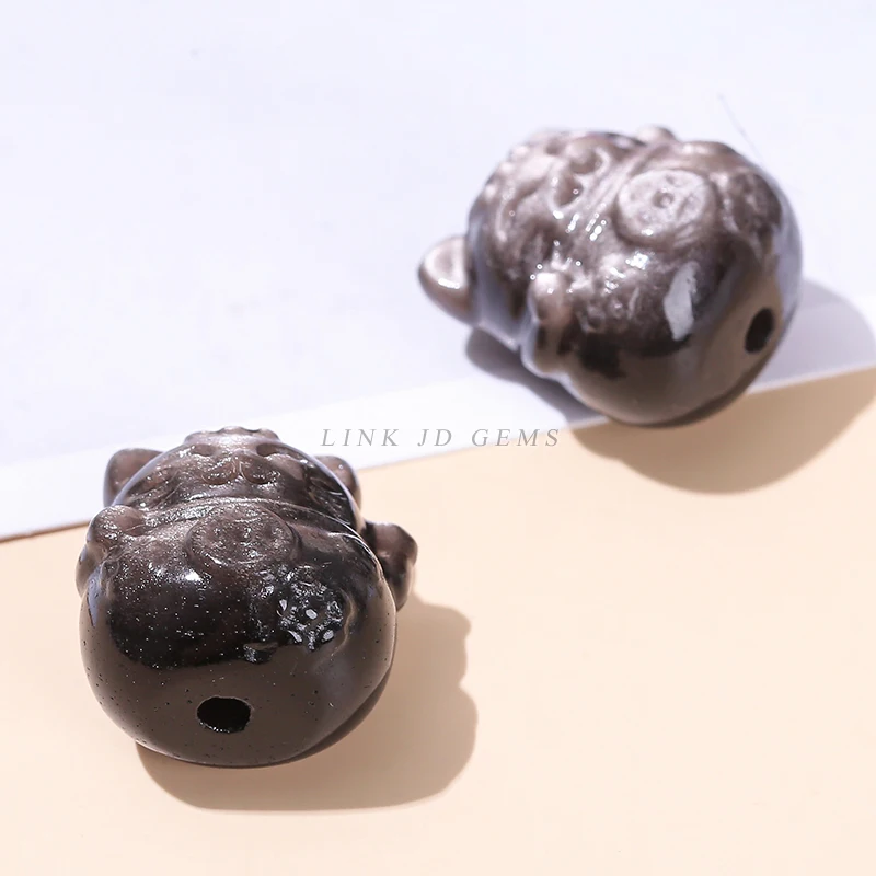 Natural Stone Silver Obsidian Carved Patterned Bead Cat Paw Pixiu Animals Shape Bead With Hole For Jewelry Making Necklace