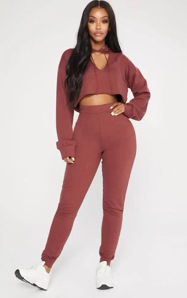 
WWK Custom Logo Dropshipping French Terry Hollow Out V Neck Pullover Crop Top Pants Casual Training Tracksuit for Women 