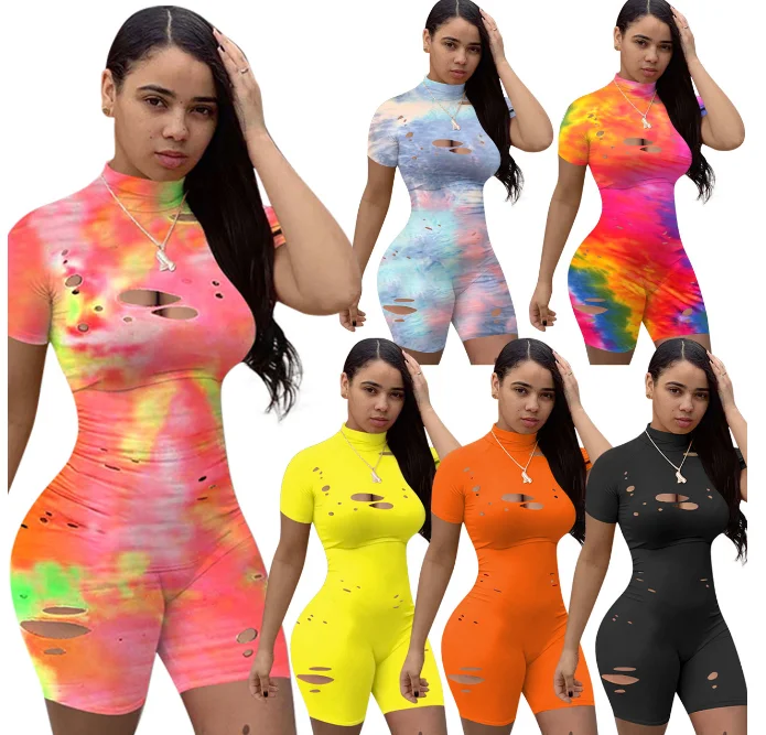 
BN-Q603 Breaking hole burning tie dye flower tight one piece jumpsuit 