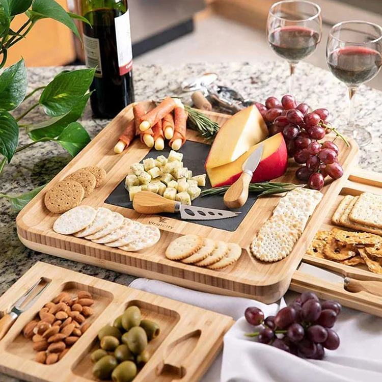 Custom Design Antique Bamboo Wooden Charcuterie Crakers Meat Cheese Board Platter Serving Tray For Kitchen With Knife Set