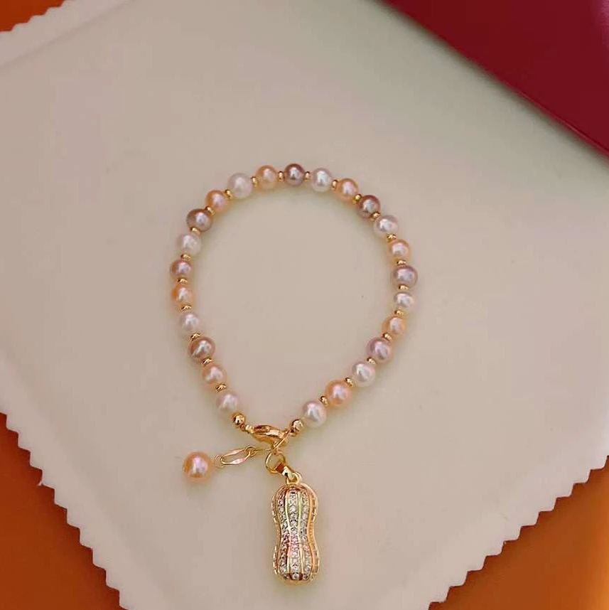 16+3cm mixed color pearl peanut bean bracelet 6-7MM round bright natural high-quality freshwater pearl bracelet