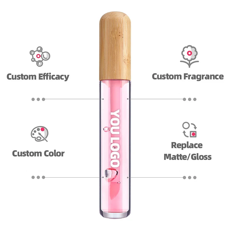New Arrival Natural Bamboo Lip Gloss Adding Your Logo Fruit Flavors Liquid Lipstick Moisture Vegan OEM Lip Oil Plumper