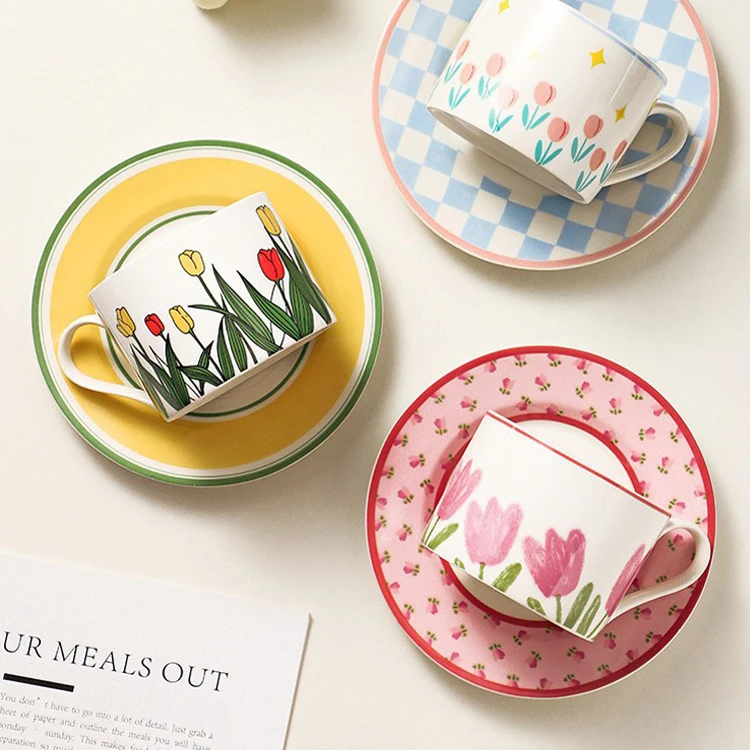 China Wholesale Custom tea small coffee cups set with Round Saucer Pink