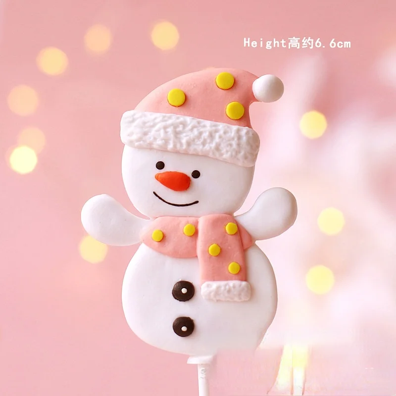 Christmas polymer clay  cake topper Pink sitting elderly snow house scarf snowman elk party Decoration