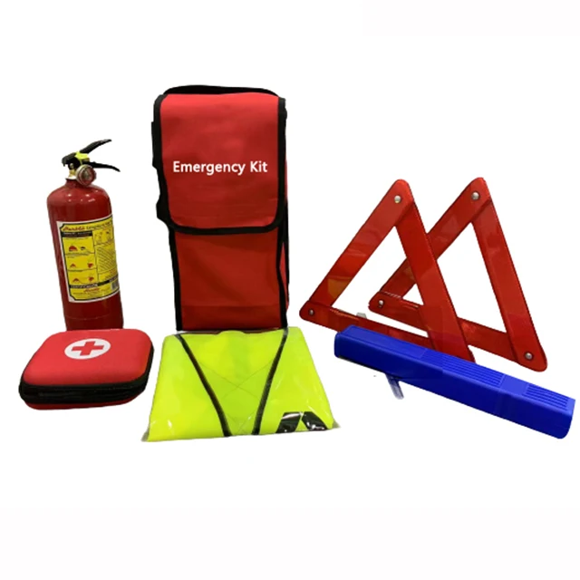 Latest red color popular Auto kit include fire extinguisher warning triangle safety vest Roadside  Assistance kit