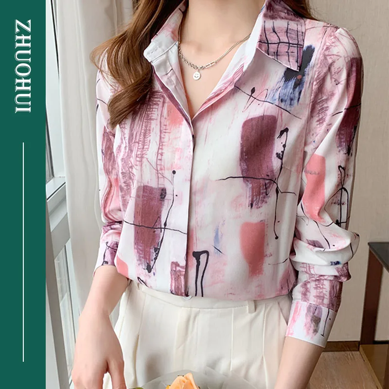Mulberry Silk Print Shirt Women Simple Turn Down Collar Daily Basic Blouse Shirts Ladies Clothes