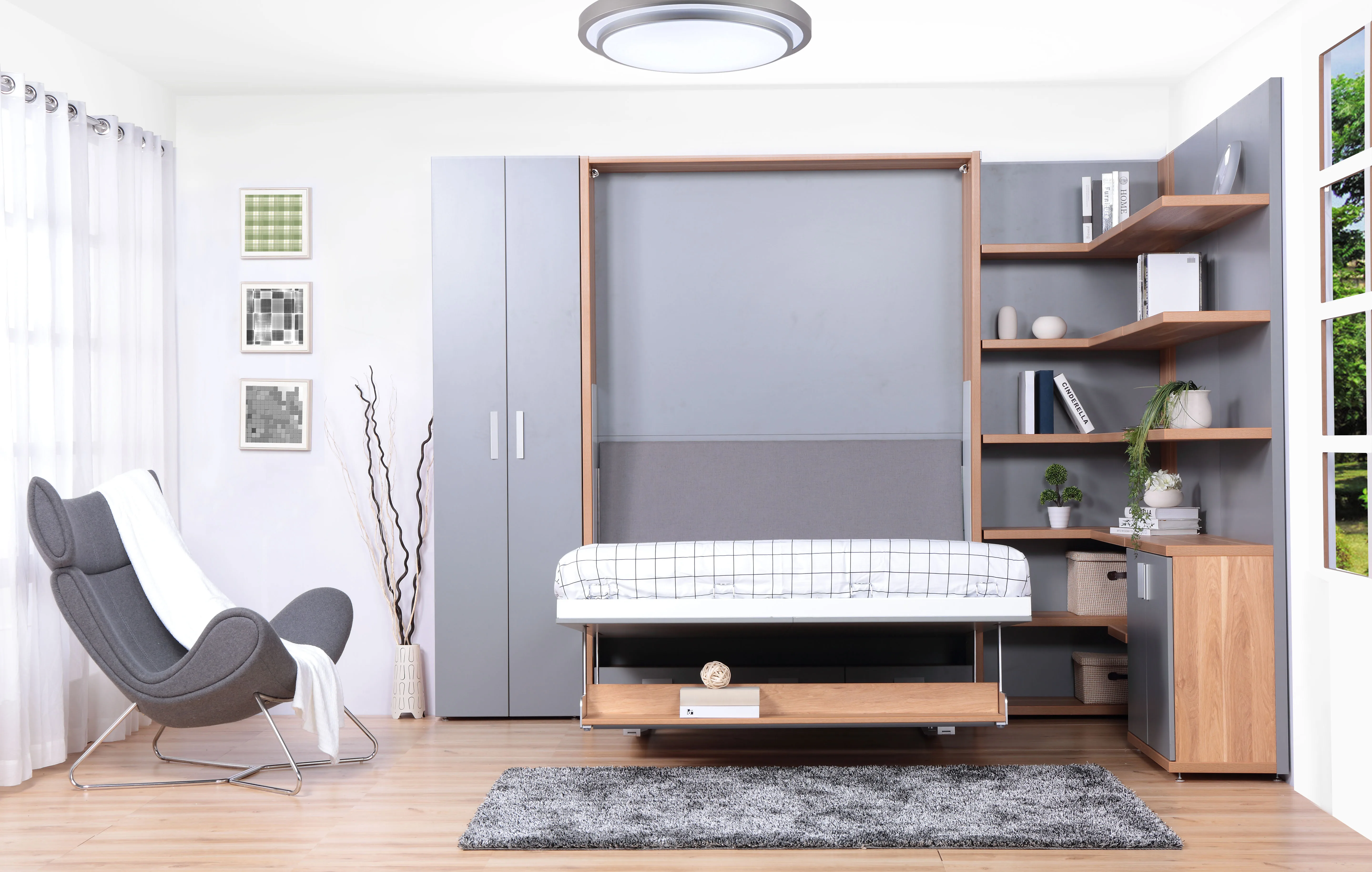 Vertical Wall Beds EN1129-1 Smart Furniture Folding Desk Wall Bed With Bookshelf And Desk For Hotel