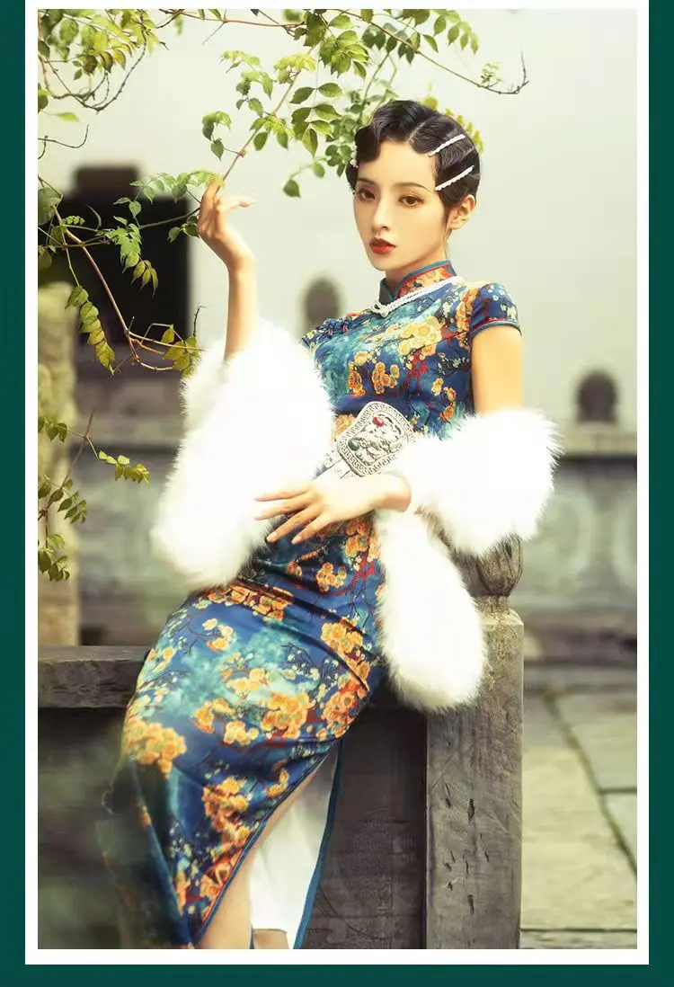 Women Sleeveless  Dress Chinese Style print Flower Cheongsam for lady party