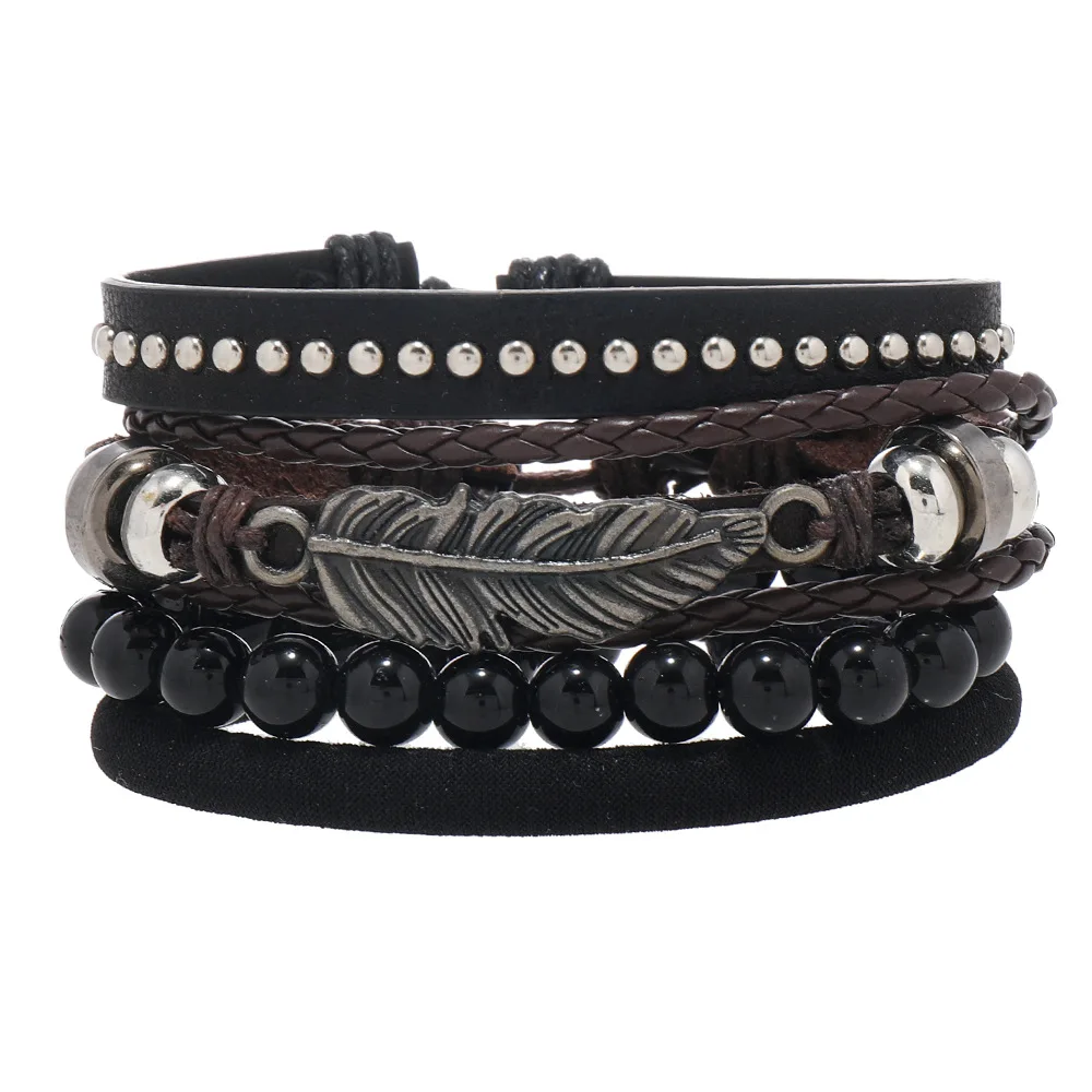 Multi layer handmade leather bracelet set 4 pieces cross faith love leaf Feather charm Bracelet Set