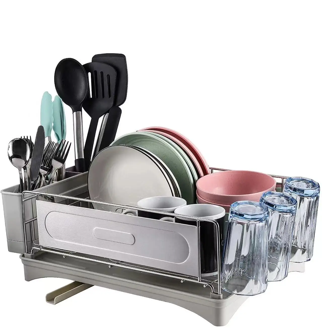 2024 Stainless Steel Kitchen Dish Drying Rack Double Tier with Drainage Nozzle and Chopsticks Holder Kitchen Organizer