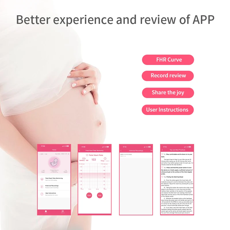 Remote Telehealth Record and Share Baby Heartbeat Monitor Fetal Doppler with App Mobile Phone Bluetooth Connect