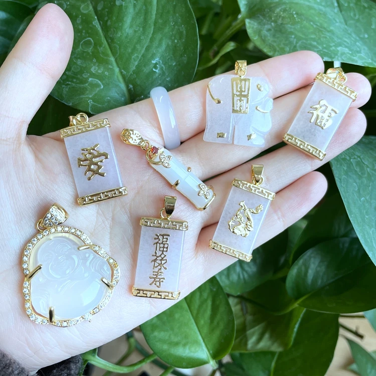 Fashion Wholesale Jewelry Agate white clear jade pendant buddha chinese word gold necklace
