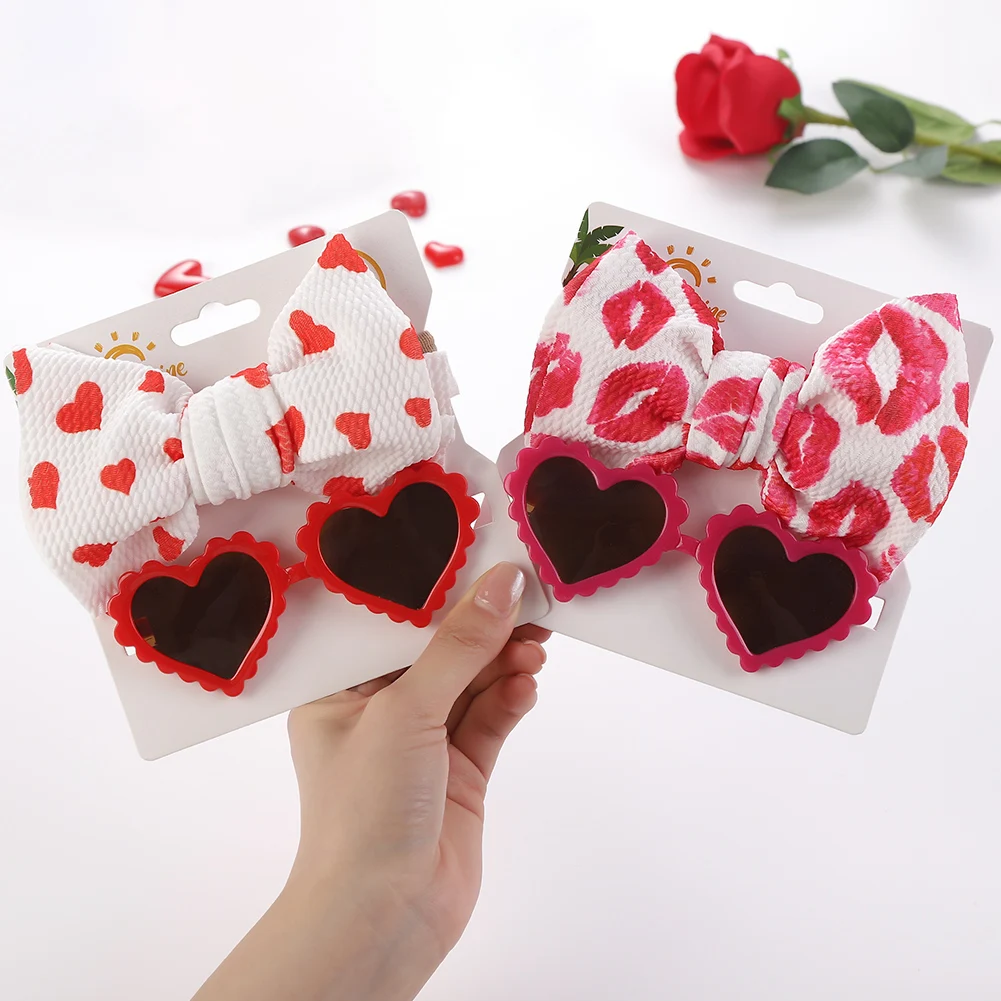 Summer 2Pcs Heart Shape Red Baby Sunglasses with Big Hair Bows Swiss Dots Nylon Headband Set Retro Sun Glasses