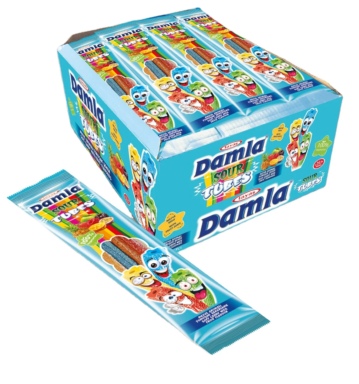 SOUR TUBULAR GUMMY CANDY WITH FRUIT FLAVOR 24 PIECE A SET HALAL CERTIFICATION SOUR STRIPS