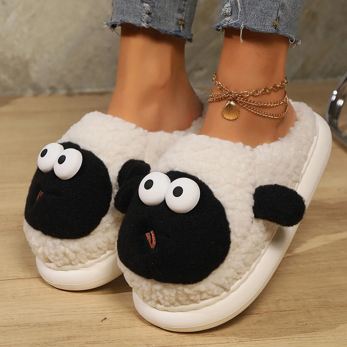 Improved Version Women Shoes Sheep Thicken Sole Winter Indoor Home Slides Non-slip Kitty Cat Cute Girls Fluffy Slippers Warm
