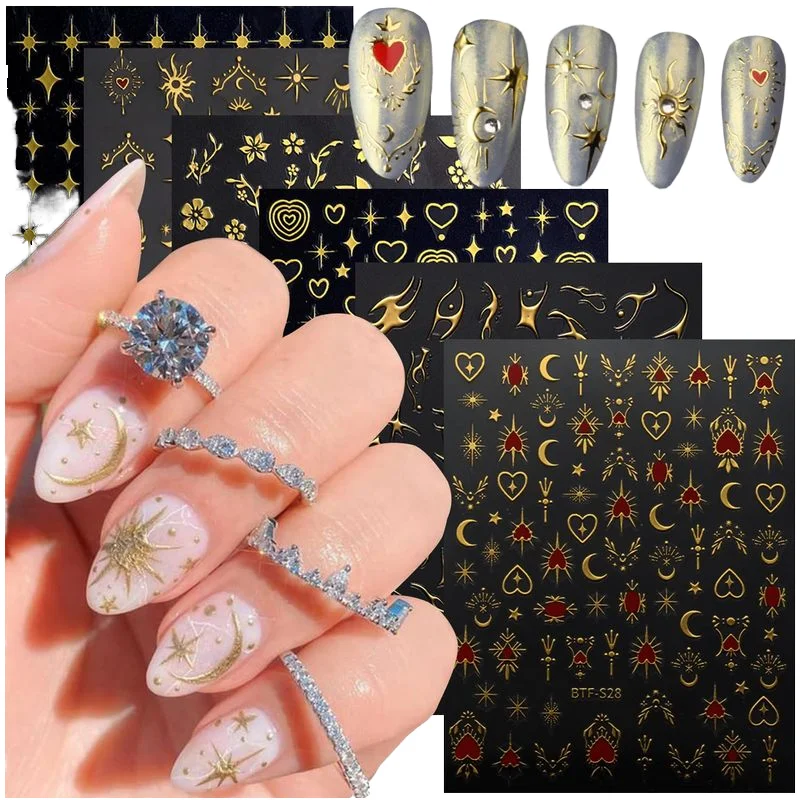 2024 New Arrival Gold DIY Nail Art Stickers & Decals For Nails Nail Decor Sticker Sun Moon Star Flowers Golden