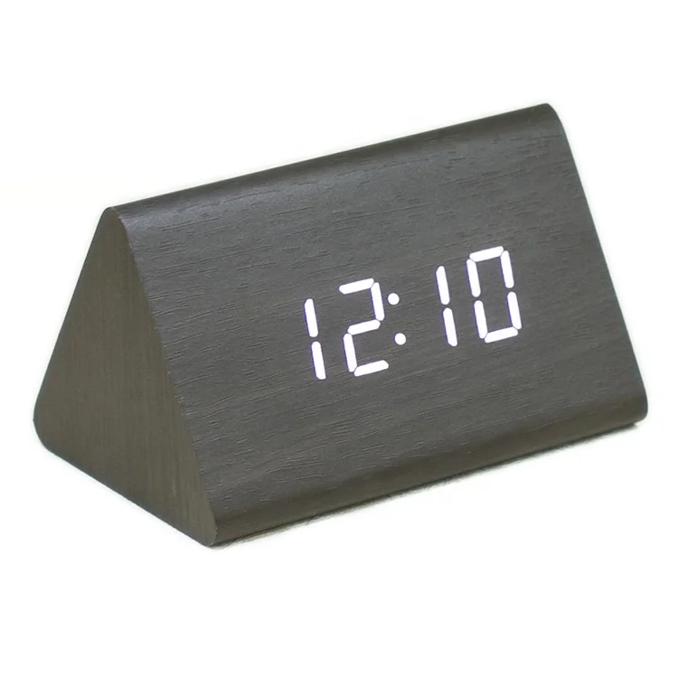 KH-WC006 Student Gift Small LED Digital Voice Control Desk Triangle Wooden Alarm Clock