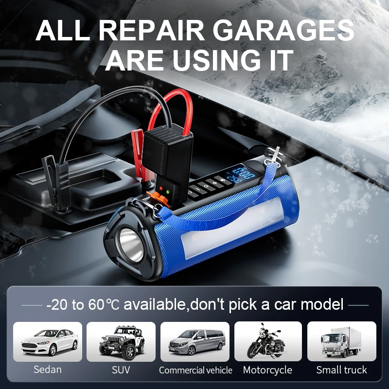 Multi-function 12V 24V Rechargeable Battery Powered Cordless Tire Inflator Compact Mini Portable Power Jump Starter