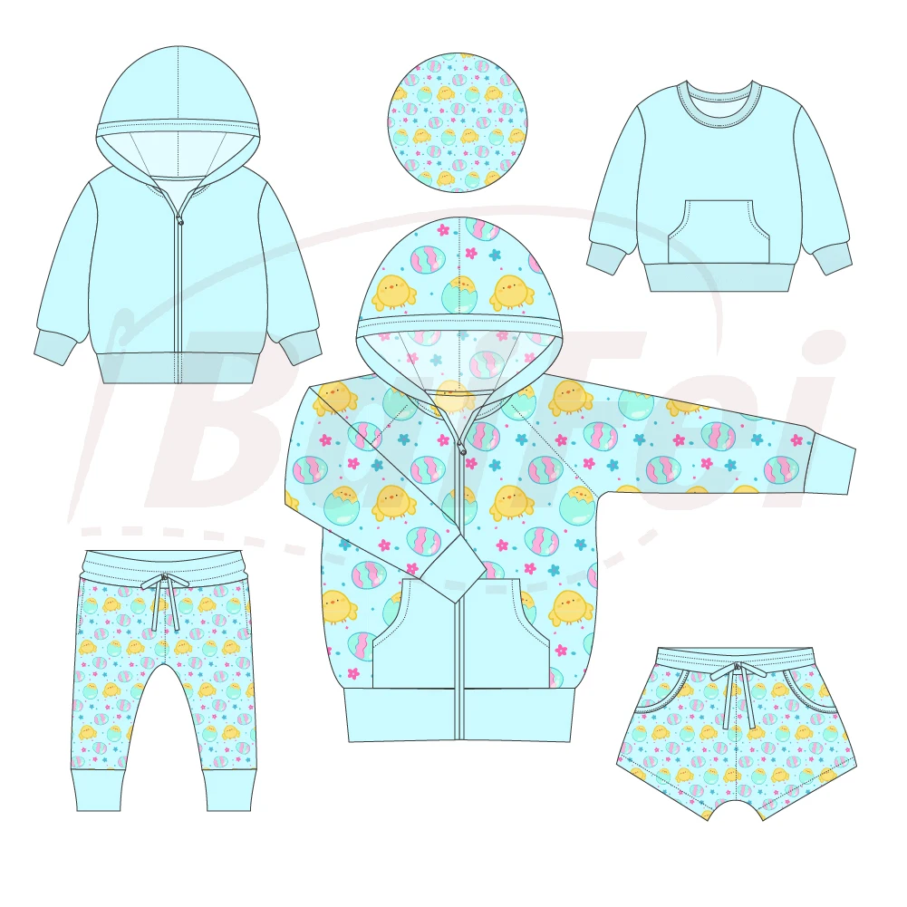 Custom easter Print Bamboo Kids clothes Sets Wholesale hooded ykk two ways zipper kids boy hoodies set