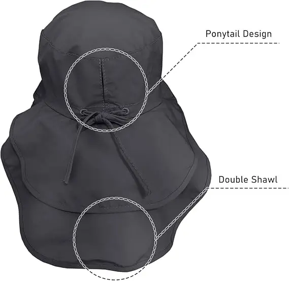 UPF50+ Outdoor Women Sun Hat Wide Brim Fishing Hat with Neck Flap Ponytail Hole