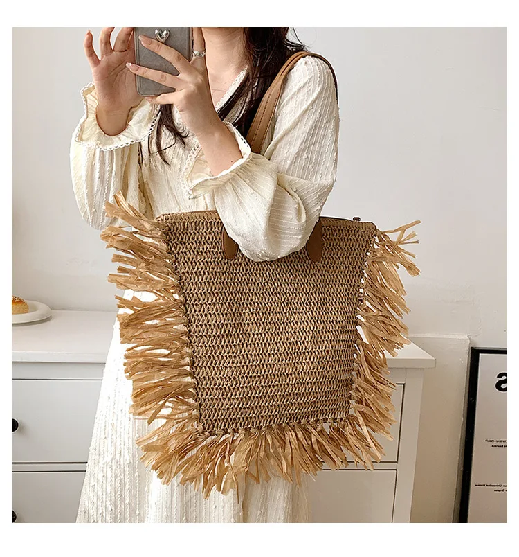 fashion new french womens summer beach handmade travel straw raffia tassel tote bag pouch bag with straw